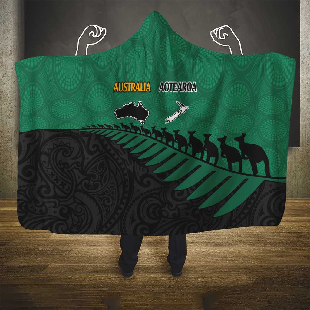 Australia New Zealand Rugby Hooded Blanket Green Aboriginal Wallabies and Maori Black Fern - Aussie Hoodie