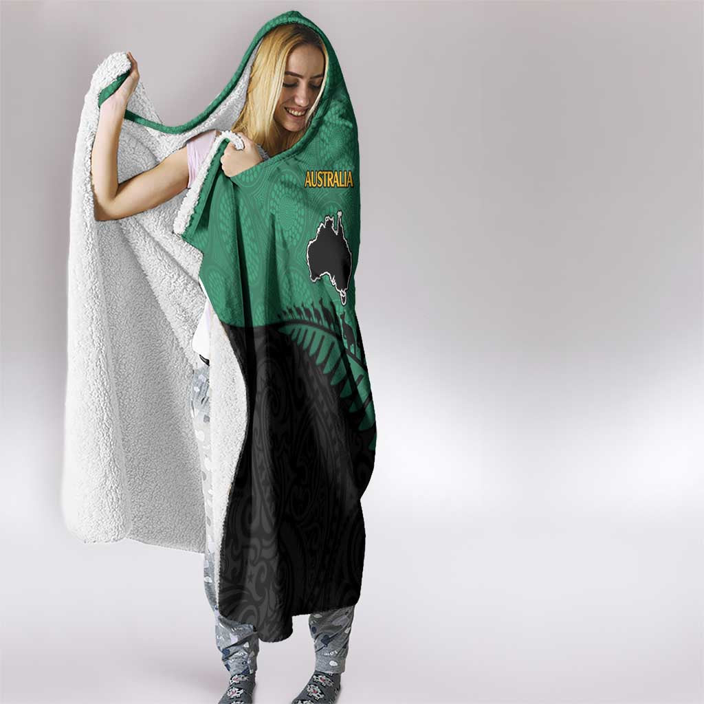 Australia New Zealand Rugby Hooded Blanket Green Aboriginal Wallabies and Maori Black Fern - Aussie Hoodie