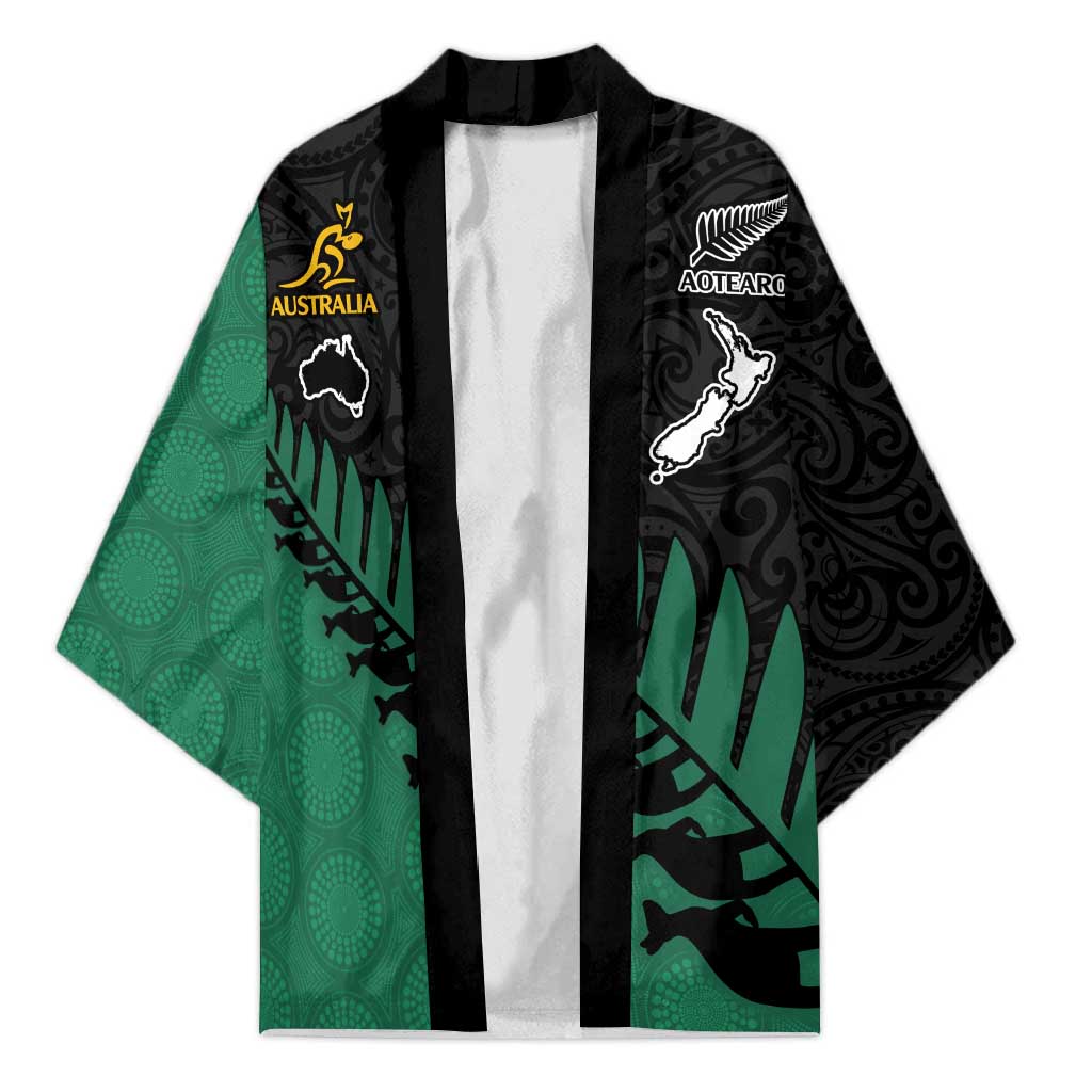 Australia New Zealand Rugby Kimono Green Aboriginal Wallabies and Maori Black Fern - Aussie Hoodie
