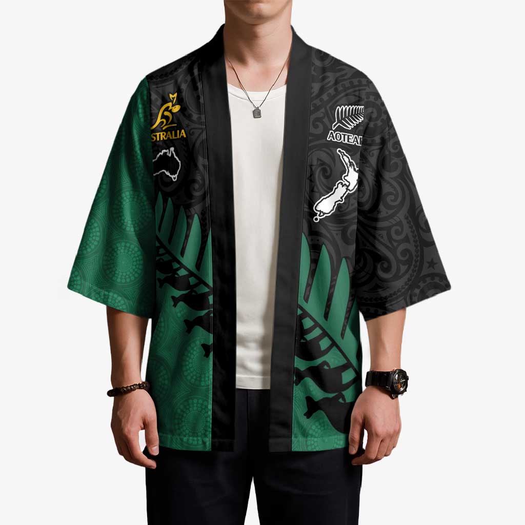 Australia New Zealand Rugby Kimono Green Aboriginal Wallabies and Maori Black Fern - Aussie Hoodie