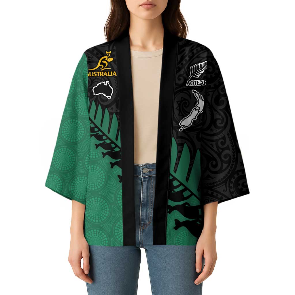 Australia New Zealand Rugby Kimono Green Aboriginal Wallabies and Maori Black Fern - Aussie Hoodie
