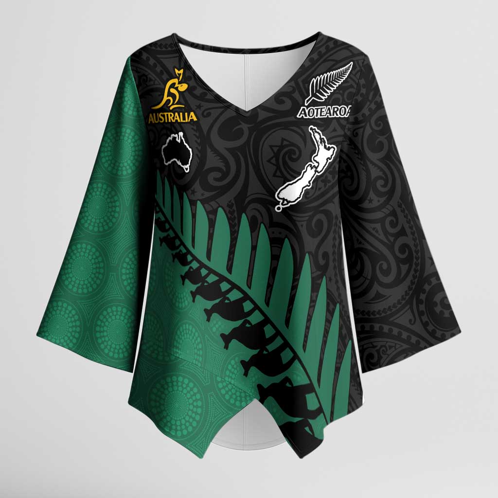 Australia New Zealand Rugby Kimono Sleeve Blouse Green Aboriginal Wallabies and Maori Black Fern - Aussie Hoodie