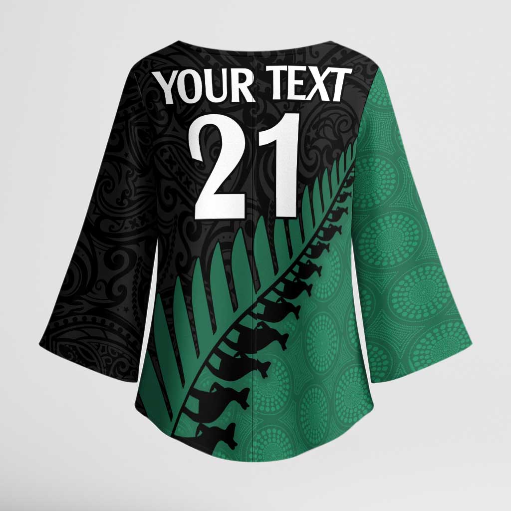 Australia New Zealand Rugby Kimono Sleeve Blouse Green Aboriginal Wallabies and Maori Black Fern - Aussie Hoodie