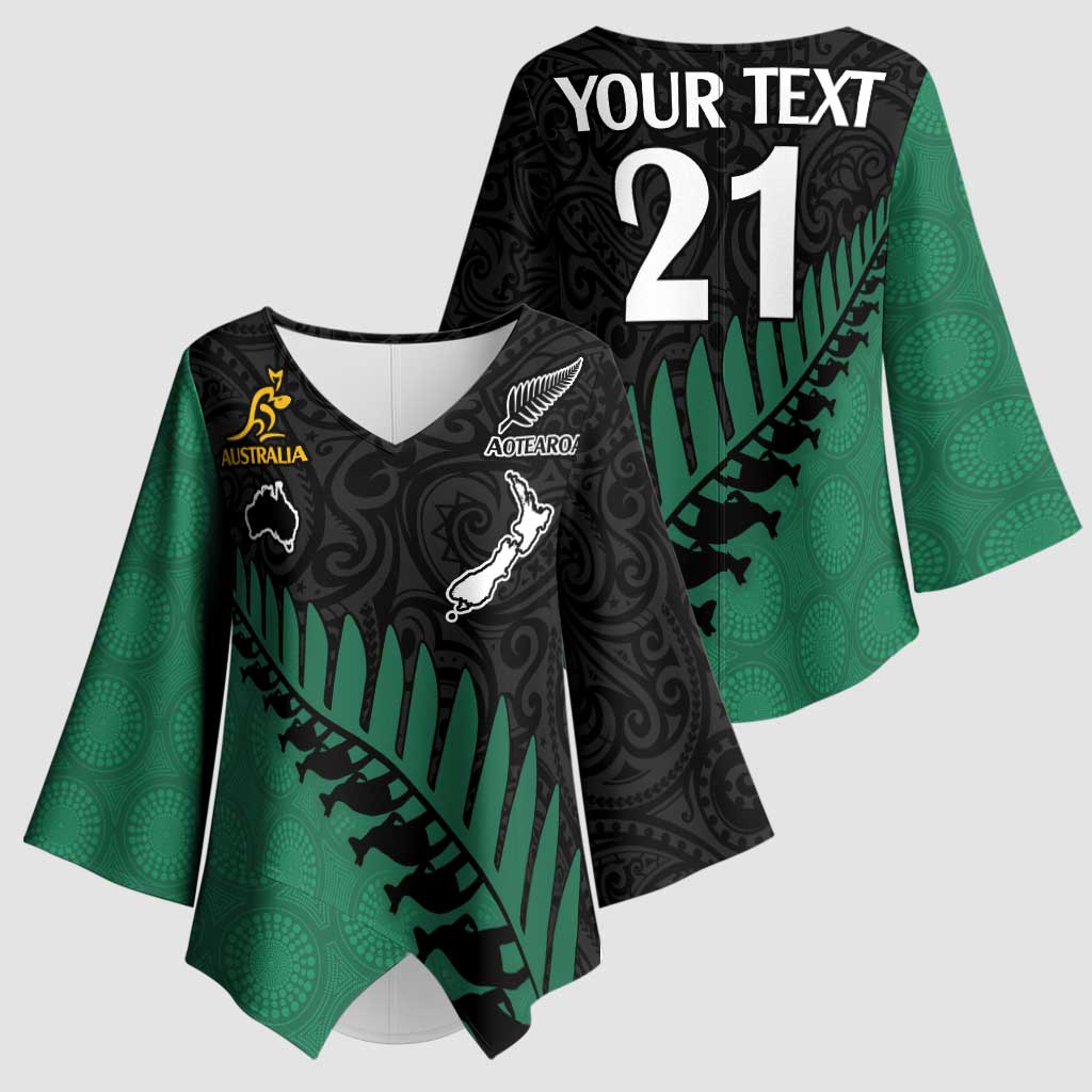 Australia New Zealand Rugby Kimono Sleeve Blouse Green Aboriginal Wallabies and Maori Black Fern - Aussie Hoodie