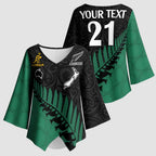 Australia New Zealand Rugby Kimono Sleeve Blouse Green Aboriginal Wallabies and Maori Black Fern - Aussie Hoodie