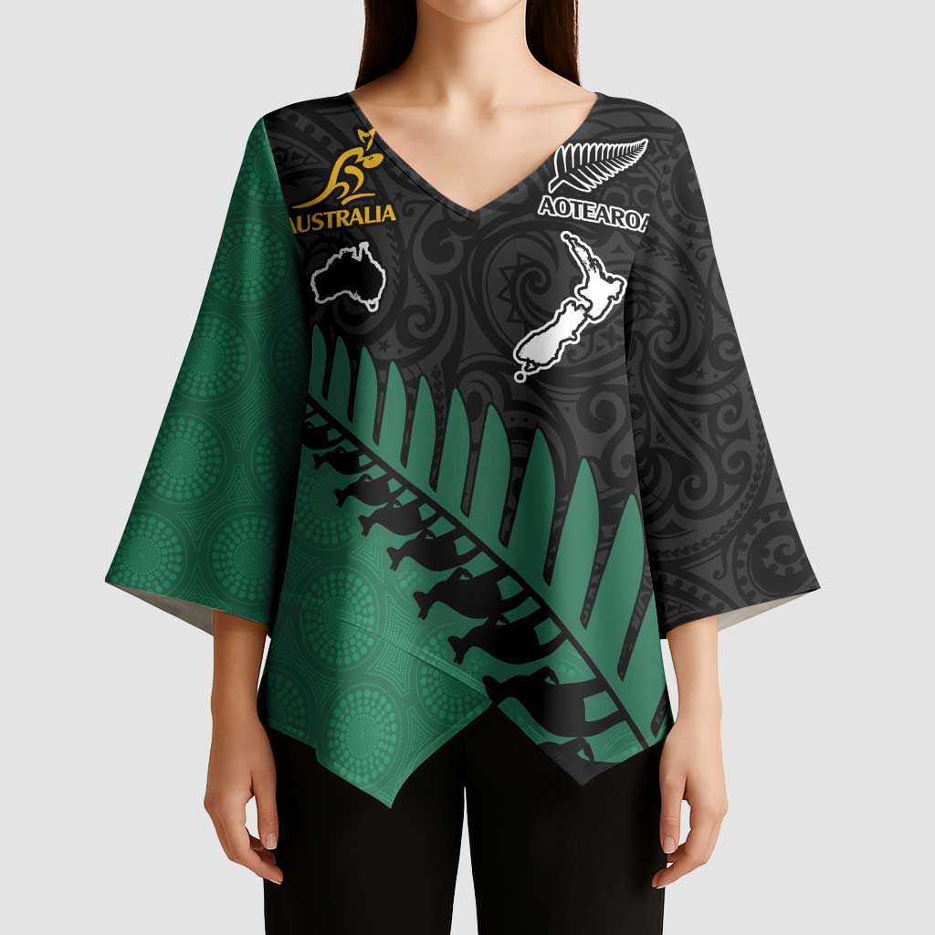 Australia New Zealand Rugby Kimono Sleeve Blouse Green Aboriginal Wallabies and Maori Black Fern - Aussie Hoodie