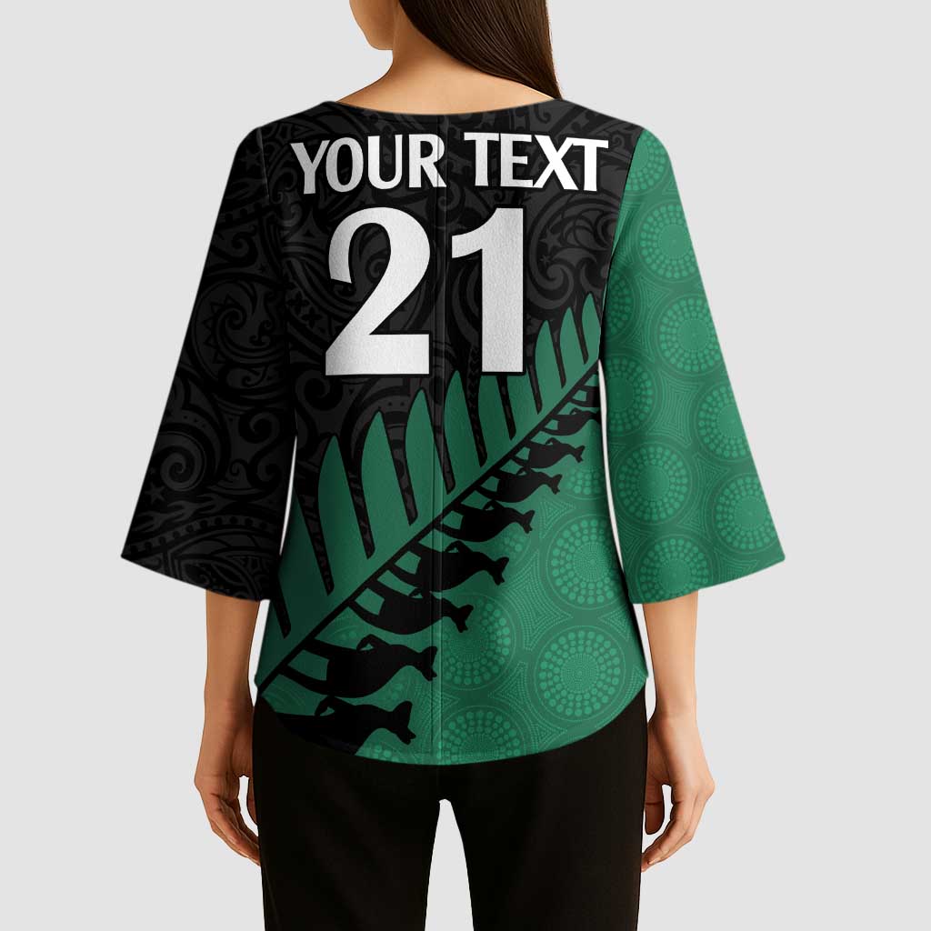 Australia New Zealand Rugby Kimono Sleeve Blouse Green Aboriginal Wallabies and Maori Black Fern - Aussie Hoodie