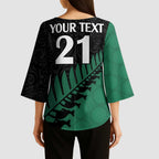 Australia New Zealand Rugby Kimono Sleeve Blouse Green Aboriginal Wallabies and Maori Black Fern - Aussie Hoodie