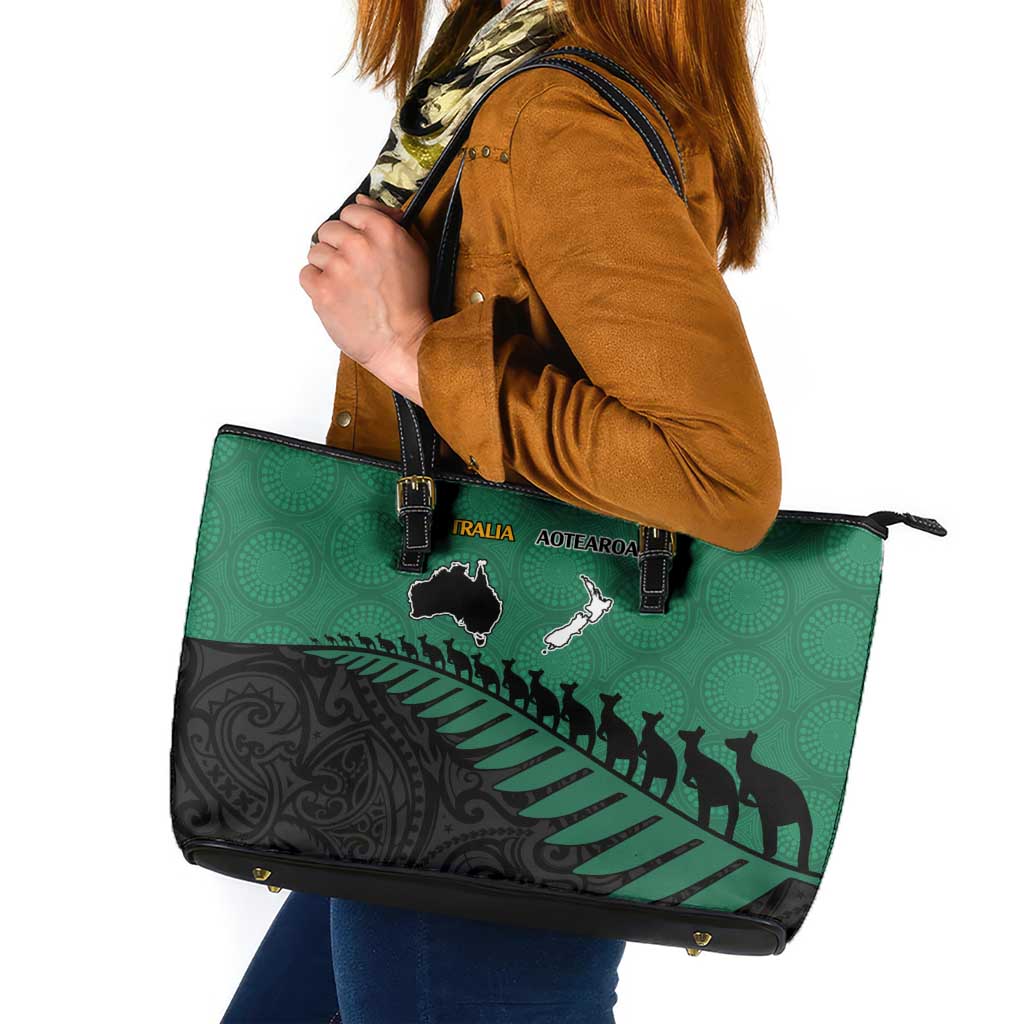 Australia New Zealand Rugby Leather Tote Bag Green Aboriginal Wallabies and Maori Black Fern - Aussie Hoodie