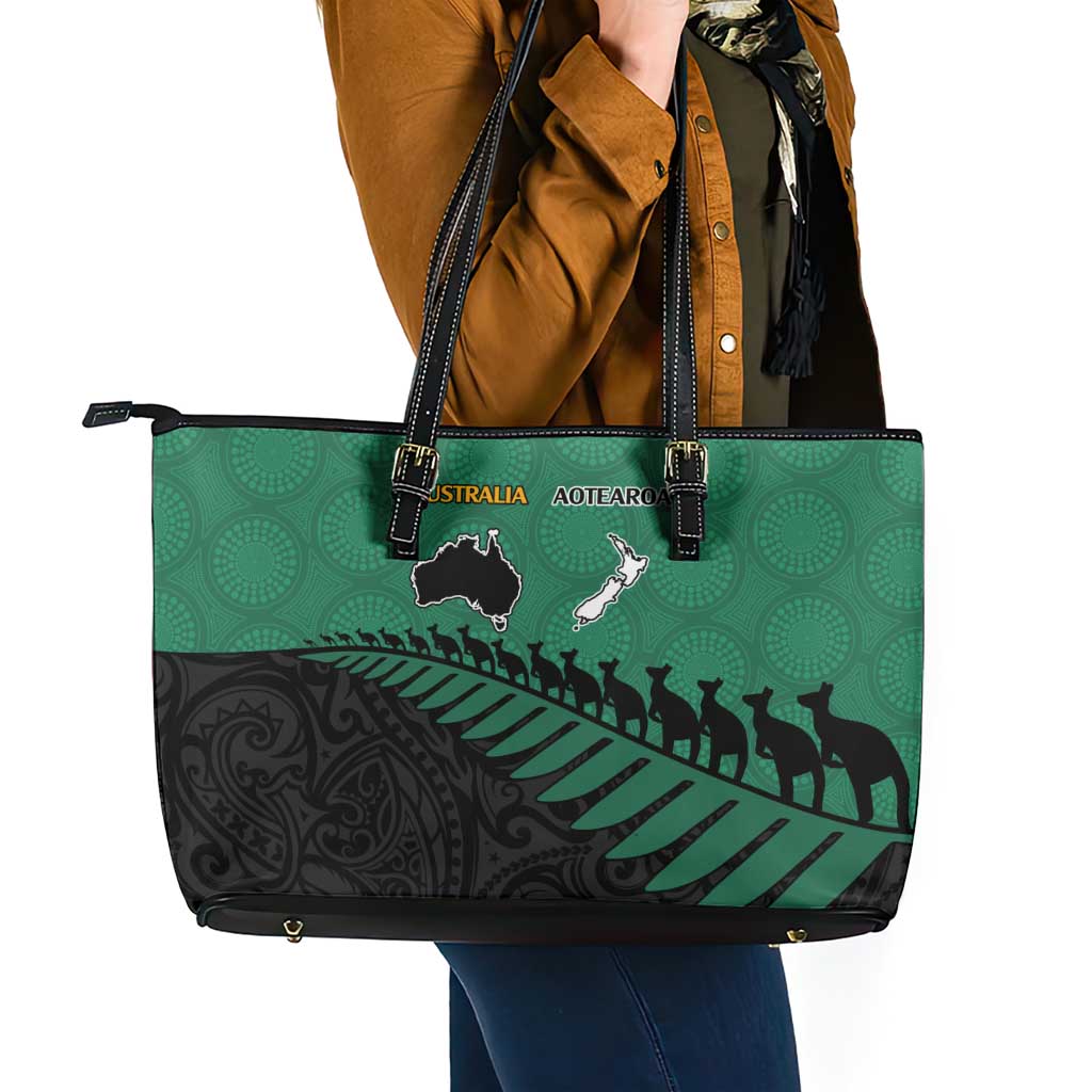 Australia New Zealand Rugby Leather Tote Bag Green Aboriginal Wallabies and Maori Black Fern - Aussie Hoodie