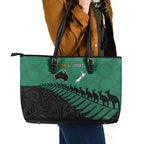 Australia New Zealand Rugby Leather Tote Bag Green Aboriginal Wallabies and Maori Black Fern - Aussie Hoodie