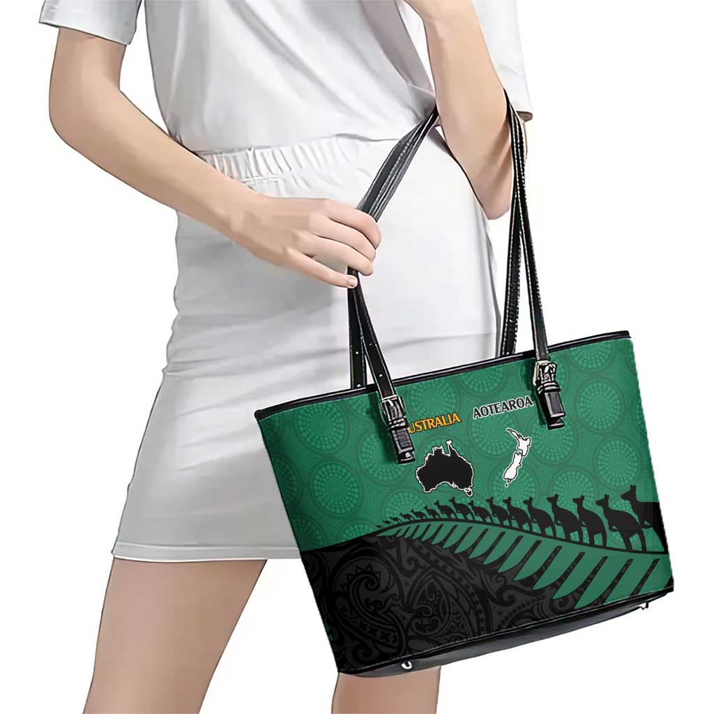 Australia New Zealand Rugby Leather Tote Bag Green Aboriginal Wallabies and Maori Black Fern - Aussie Hoodie