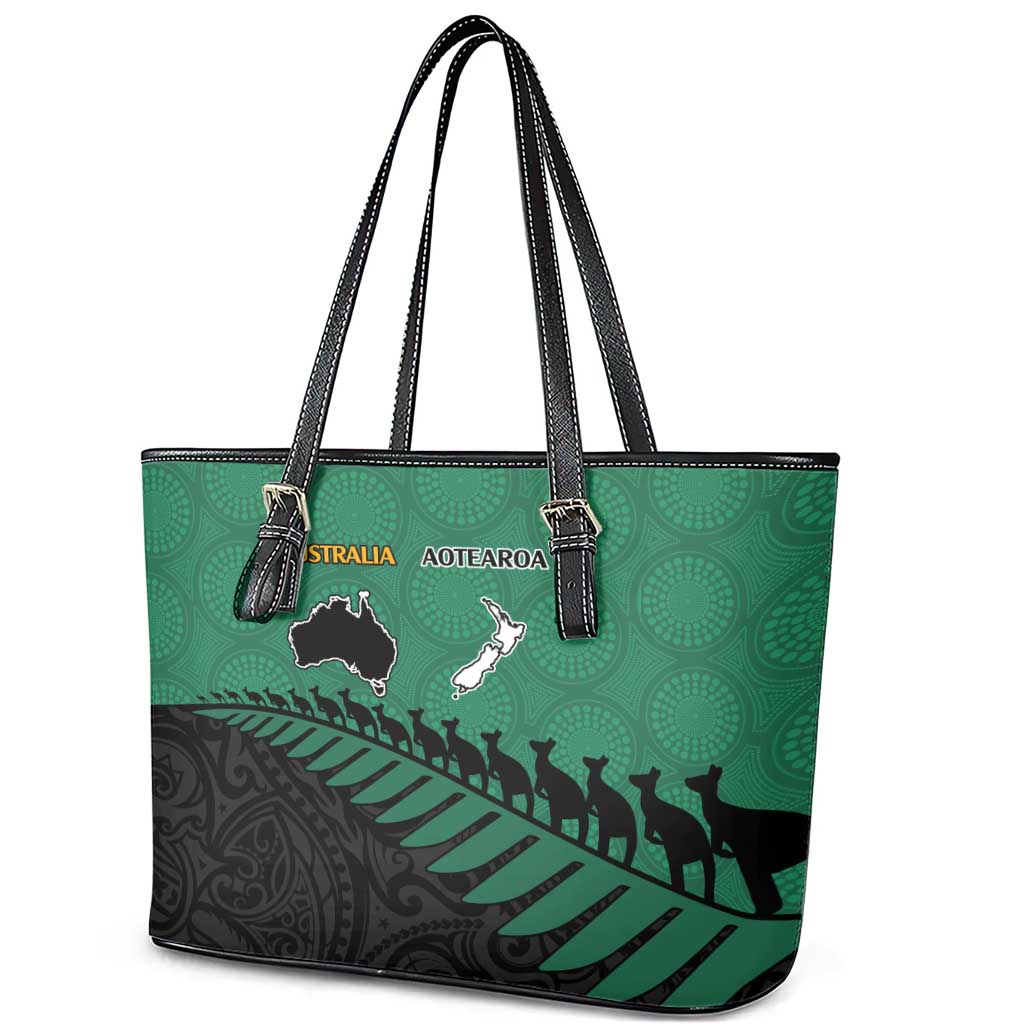 Australia New Zealand Rugby Leather Tote Bag Green Aboriginal Wallabies and Maori Black Fern - Aussie Hoodie