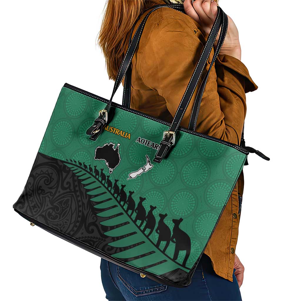 Australia New Zealand Rugby Leather Tote Bag Green Aboriginal Wallabies and Maori Black Fern - Aussie Hoodie