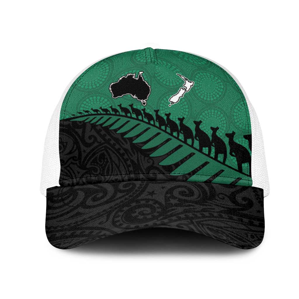 Australia New Zealand Rugby Mesh Trucker Cap Green Aboriginal Wallabies and Maori Black Fern - Aussie Hoodie