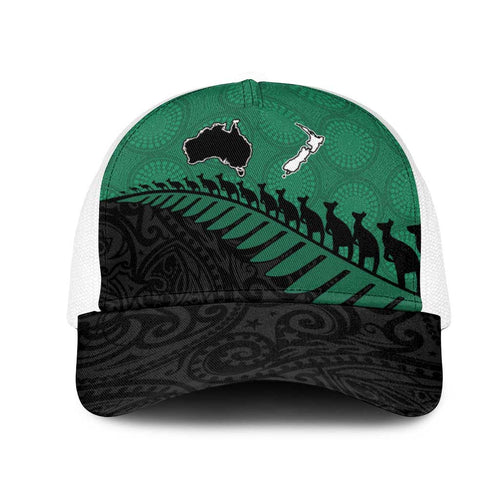Australia New Zealand Rugby Mesh Trucker Cap Green Aboriginal Wallabies and Maori Black Fern - Aussie Hoodie
