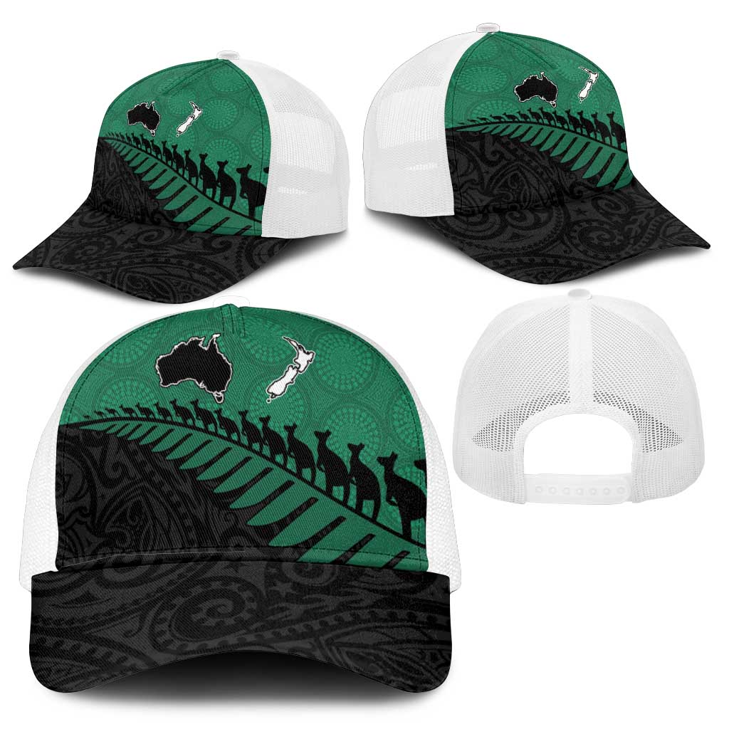 Australia New Zealand Rugby Mesh Trucker Cap Green Aboriginal Wallabies and Maori Black Fern - Aussie Hoodie