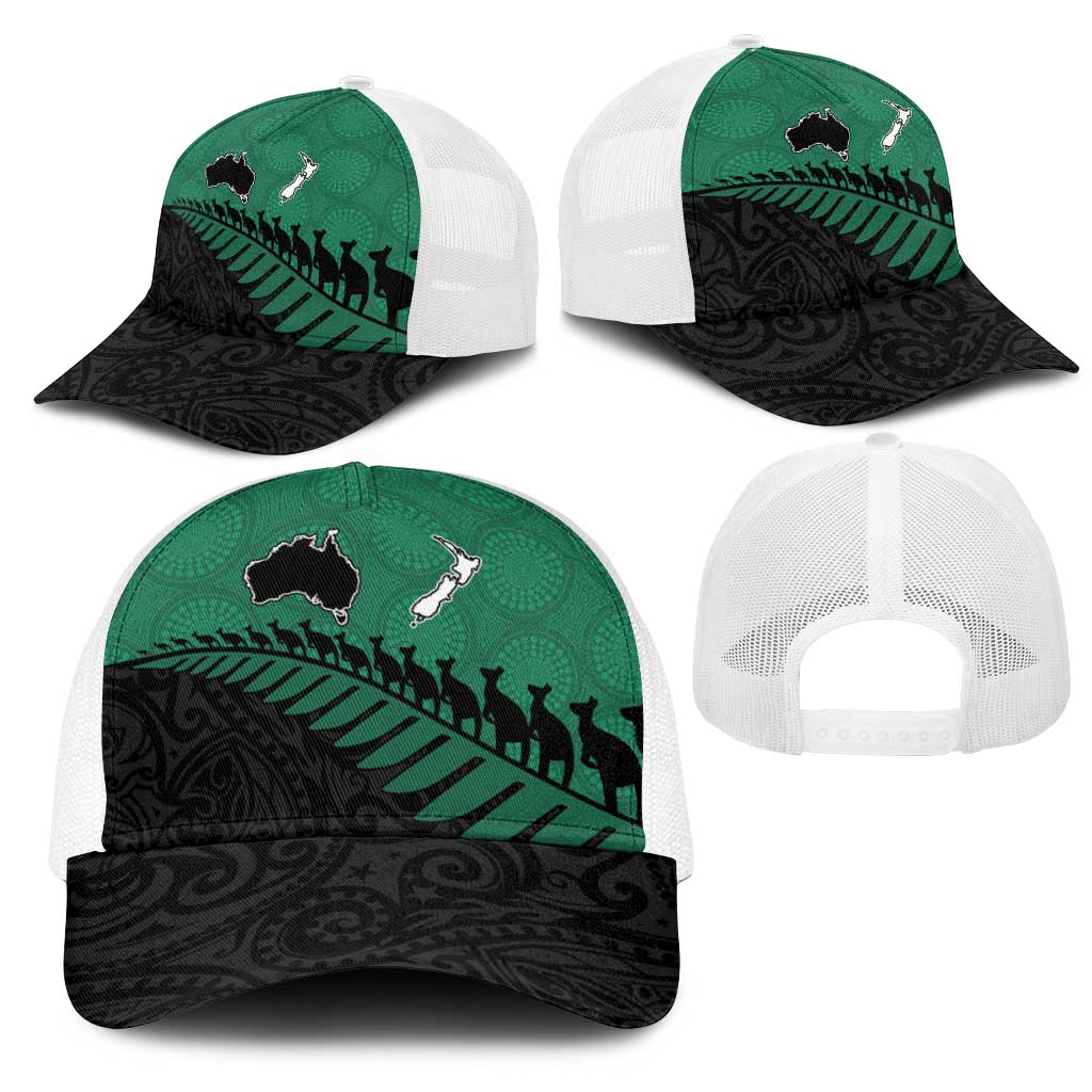 Australia New Zealand Rugby Mesh Trucker Cap Green Aboriginal Wallabies and Maori Black Fern - Aussie Hoodie