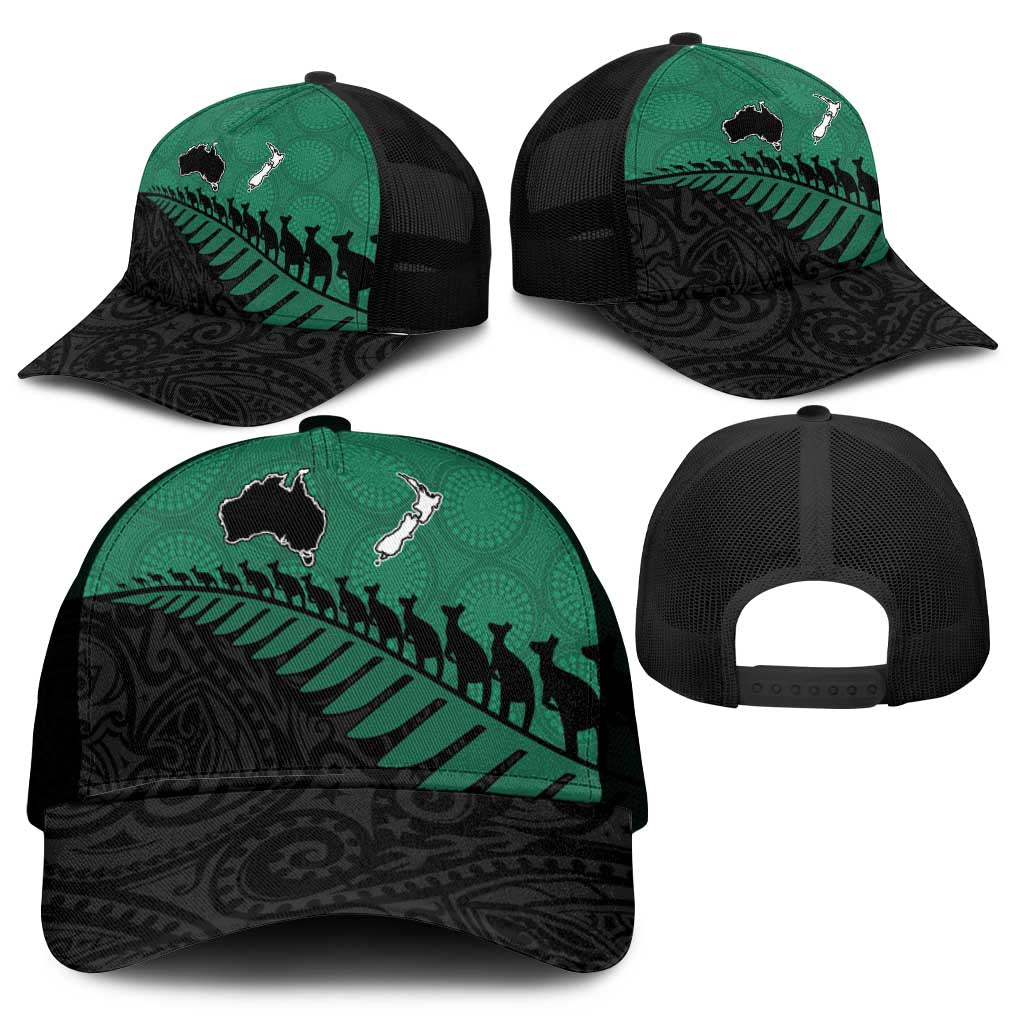 Australia New Zealand Rugby Mesh Trucker Cap Green Aboriginal Wallabies and Maori Black Fern - Aussie Hoodie