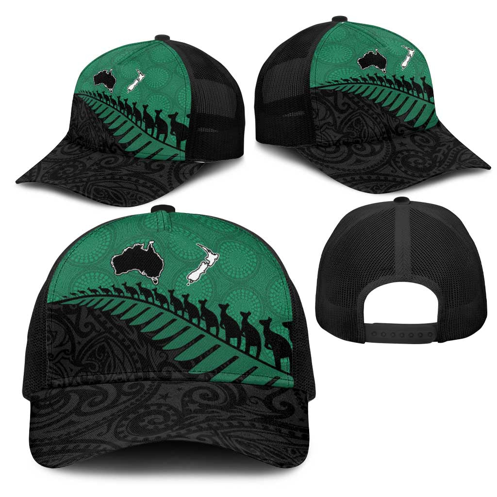 Australia New Zealand Rugby Mesh Trucker Cap Green Aboriginal Wallabies and Maori Black Fern - Aussie Hoodie