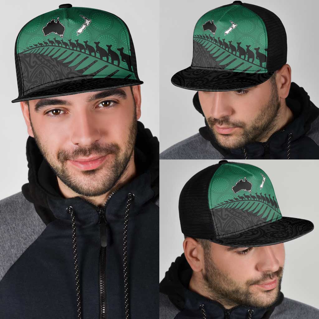 Australia New Zealand Rugby Mesh Trucker Cap Green Aboriginal Wallabies and Maori Black Fern - Aussie Hoodie
