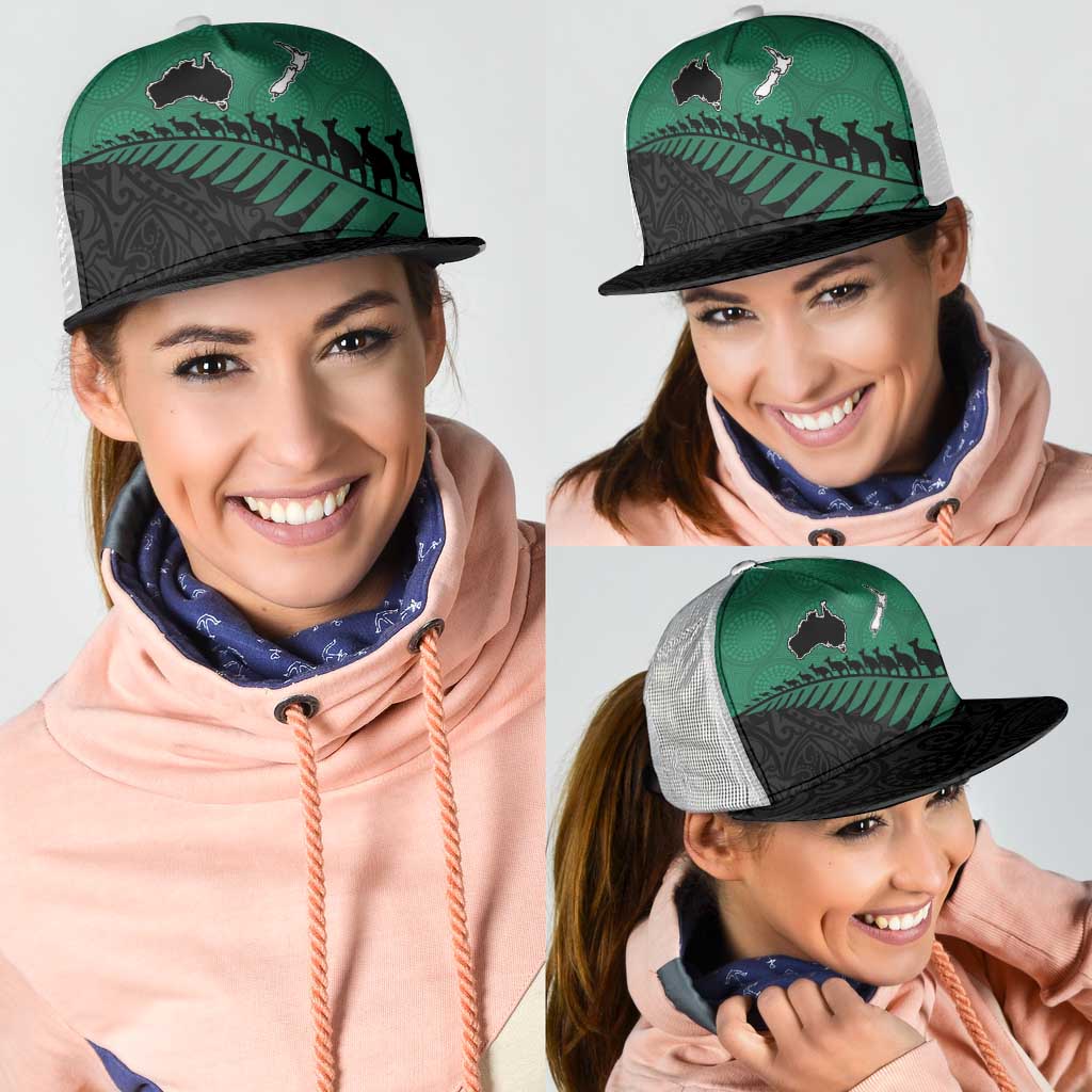 Australia New Zealand Rugby Mesh Trucker Cap Green Aboriginal Wallabies and Maori Black Fern - Aussie Hoodie