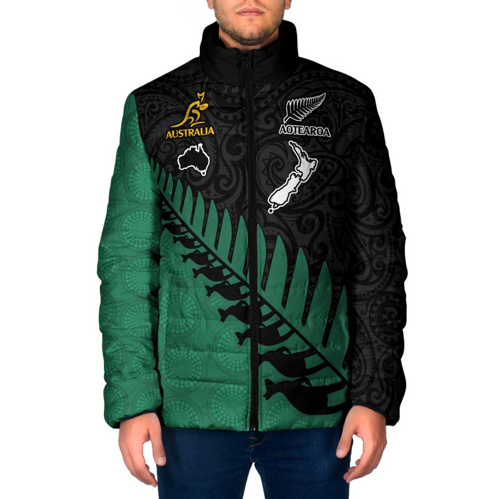 Australia New Zealand Rugby Padded Jacket Green Aboriginal Wallabies and Maori Black Fern - Aussie Hoodie