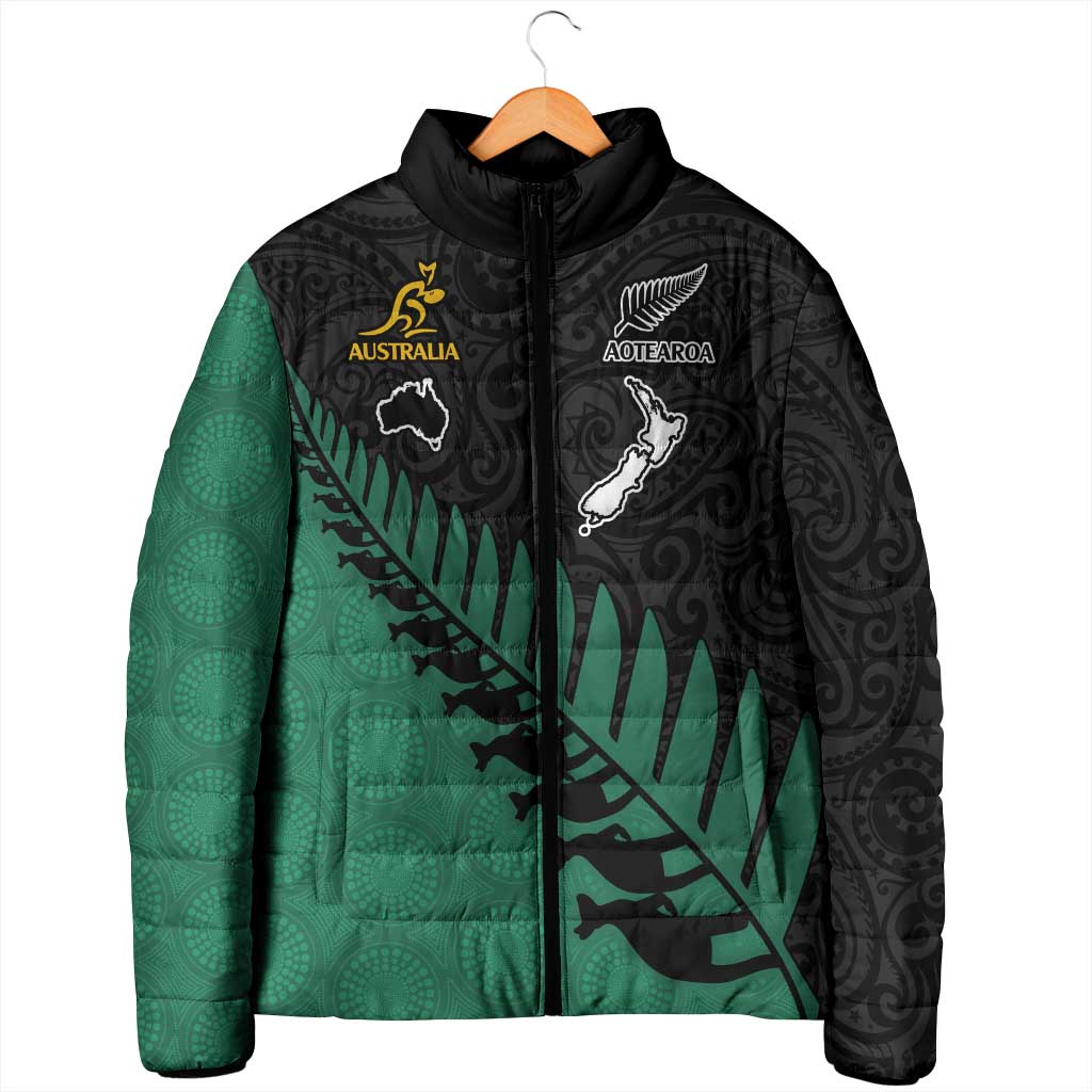 Australia New Zealand Rugby Padded Jacket Green Aboriginal Wallabies and Maori Black Fern - Aussie Hoodie