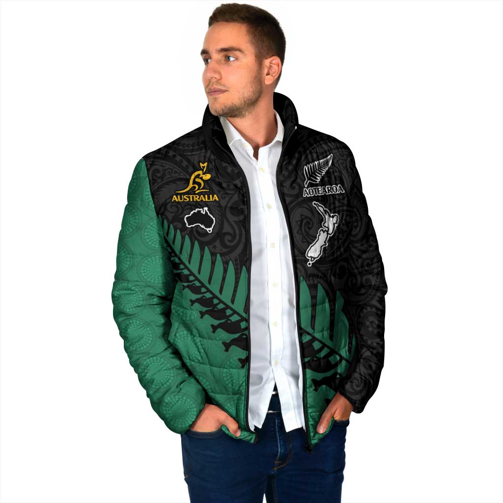 Australia New Zealand Rugby Padded Jacket Green Aboriginal Wallabies and Maori Black Fern - Aussie Hoodie