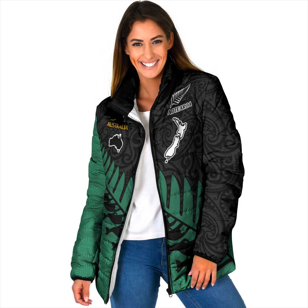 Australia New Zealand Rugby Padded Jacket Green Aboriginal Wallabies and Maori Black Fern - Aussie Hoodie