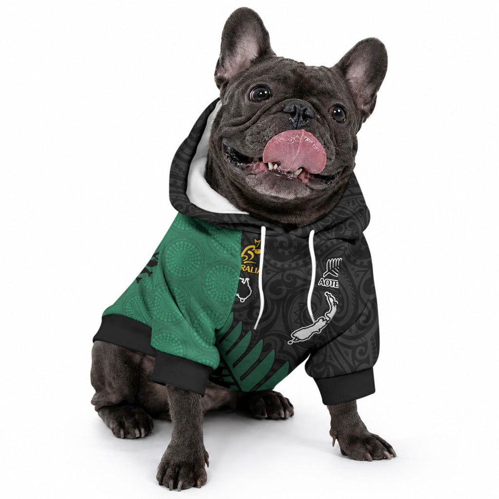 Custom Australia Wallabies and Aotearoa Rugby Pet Hoodie Kangaroo Black Fern Maori Green Vibe