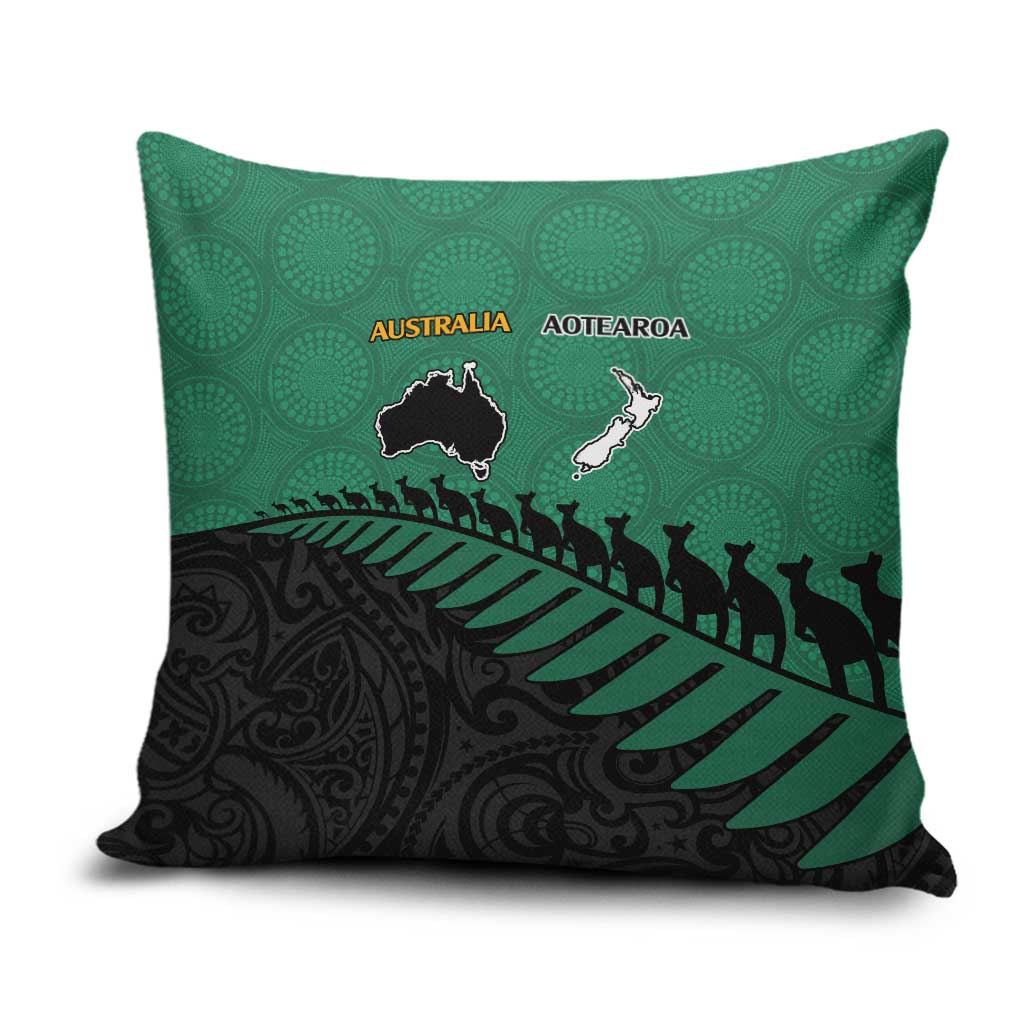 Australia New Zealand Rugby Pillow Cover Green Aboriginal Wallabies and Maori Black Fern - Aussie Hoodie