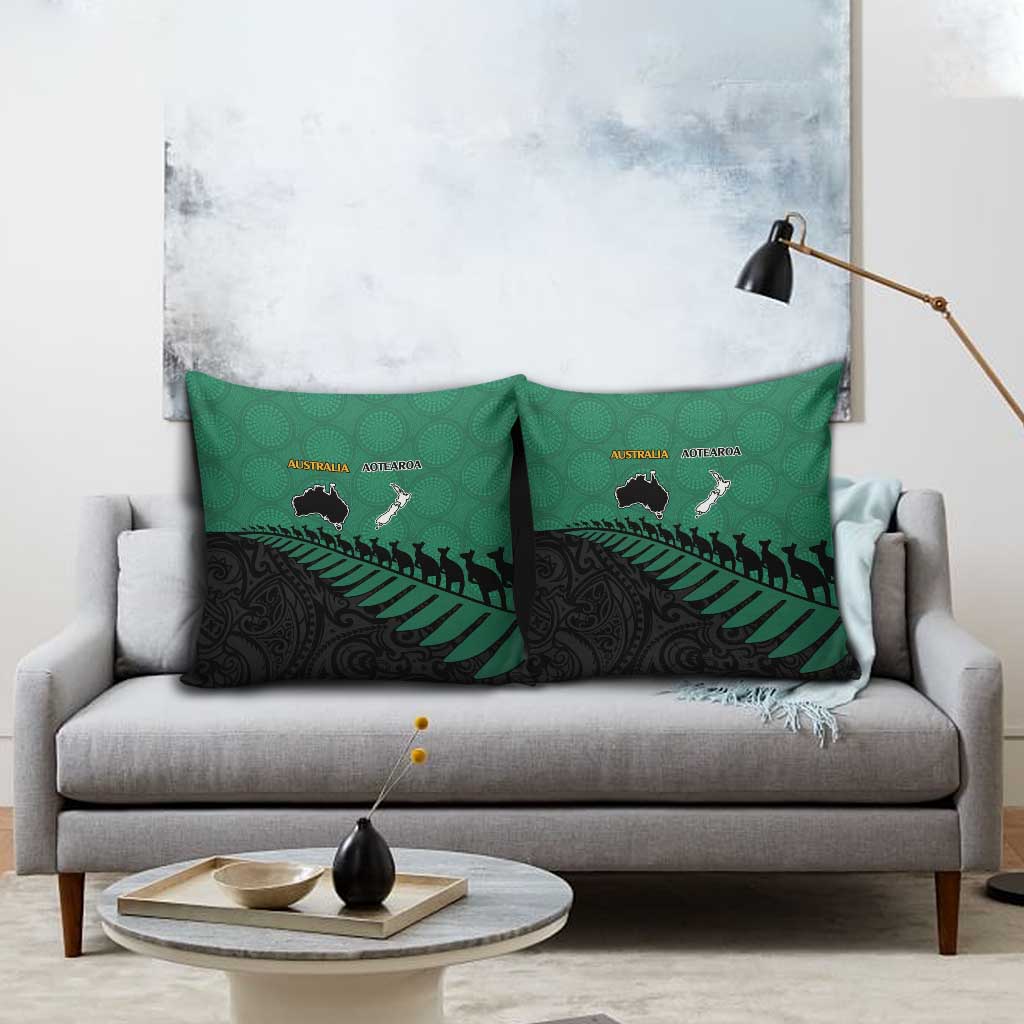 Australia New Zealand Rugby Pillow Cover Green Aboriginal Wallabies and Maori Black Fern - Aussie Hoodie