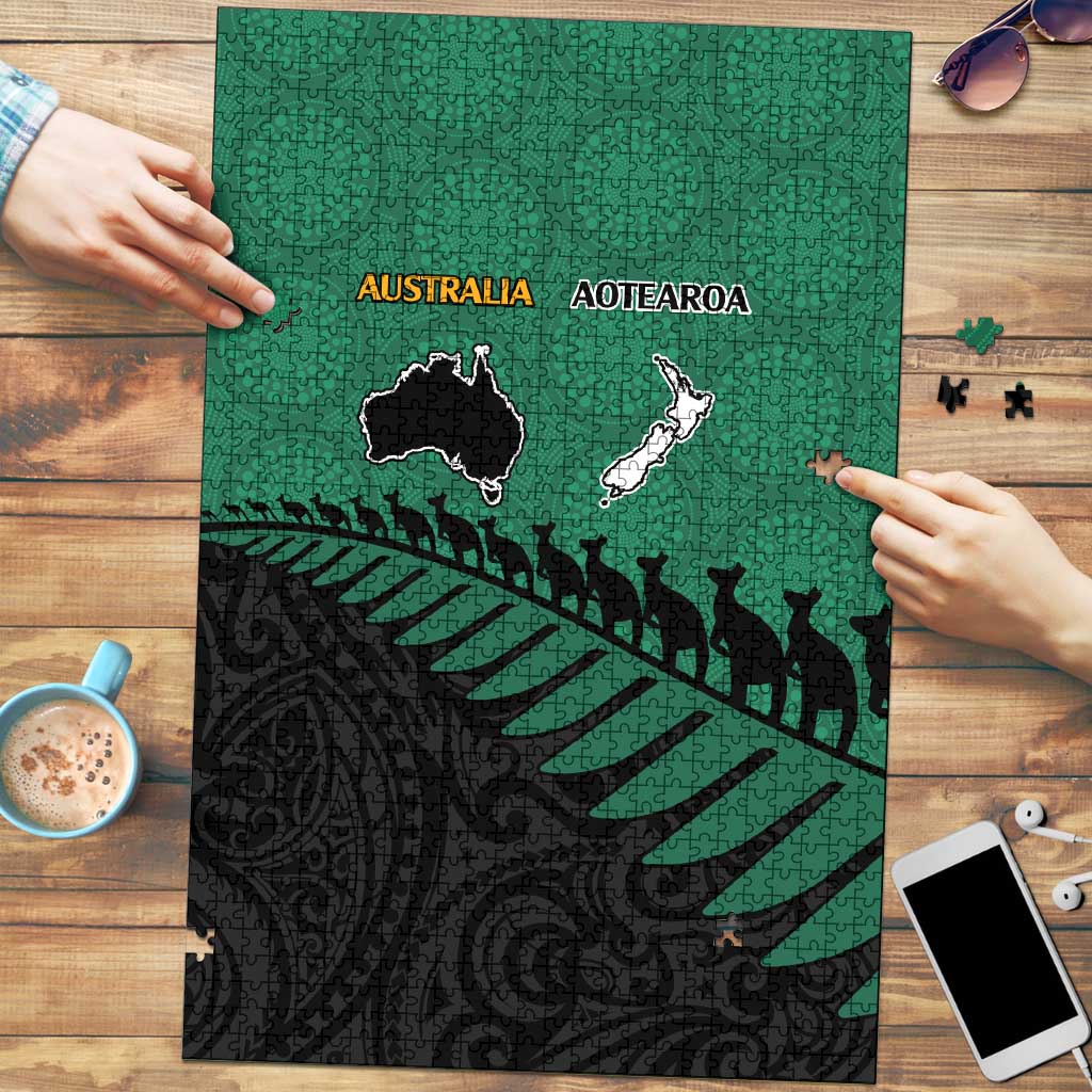 Australia New Zealand Rugby Puzzle Green Aboriginal Wallabies and Maori Black Fern - Aussie Hoodie