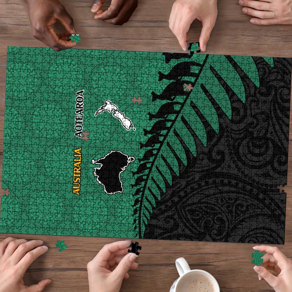 Australia New Zealand Rugby Puzzle Green Aboriginal Wallabies and Maori Black Fern - Aussie Hoodie