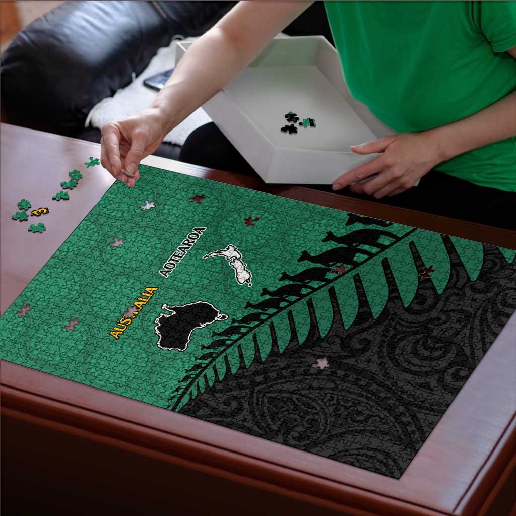 Australia New Zealand Rugby Puzzle Green Aboriginal Wallabies and Maori Black Fern - Aussie Hoodie