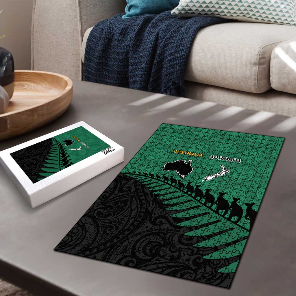 Australia New Zealand Rugby Puzzle Green Aboriginal Wallabies and Maori Black Fern - Aussie Hoodie