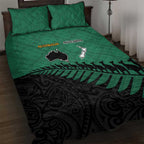Australia New Zealand Rugby Quilt Bed Set Green Aboriginal Wallabies and Maori Black Fern - Aussie Hoodie