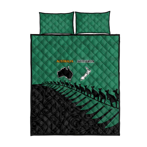 Australia New Zealand Rugby Quilt Bed Set Green Aboriginal Wallabies and Maori Black Fern - Aussie Hoodie
