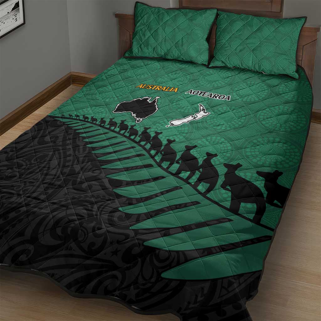 Australia New Zealand Rugby Quilt Bed Set Green Aboriginal Wallabies and Maori Black Fern - Aussie Hoodie