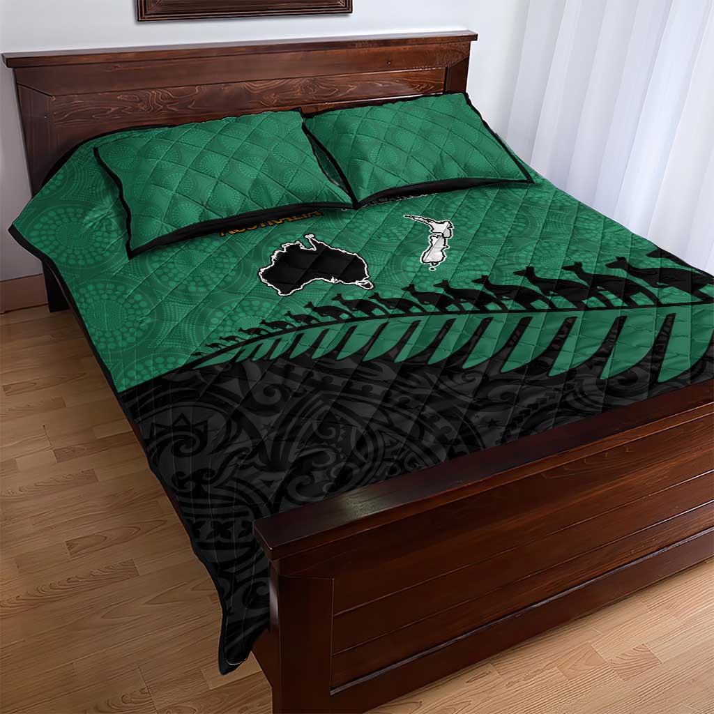 Australia New Zealand Rugby Quilt Bed Set Green Aboriginal Wallabies and Maori Black Fern - Aussie Hoodie