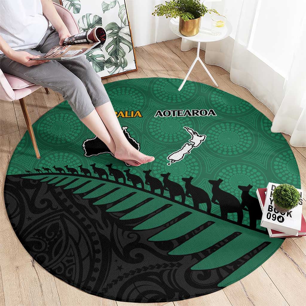 Australia New Zealand Rugby Round Carpet Green Aboriginal Wallabies and Maori Black Fern - Aussie Hoodie