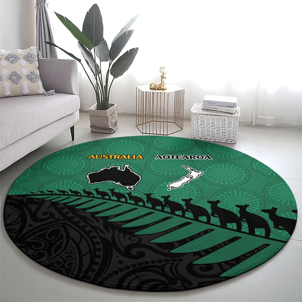 Australia New Zealand Rugby Round Carpet Green Aboriginal Wallabies and Maori Black Fern - Aussie Hoodie