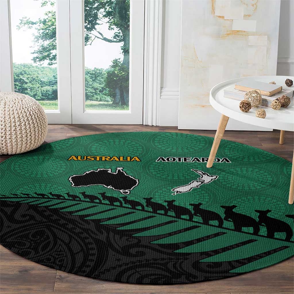 Australia New Zealand Rugby Round Carpet Green Aboriginal Wallabies and Maori Black Fern - Aussie Hoodie