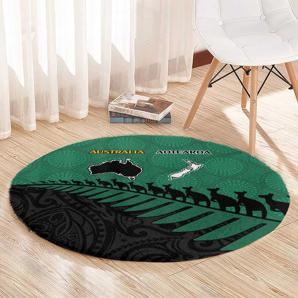 Australia New Zealand Rugby Round Carpet Green Aboriginal Wallabies and Maori Black Fern - Aussie Hoodie