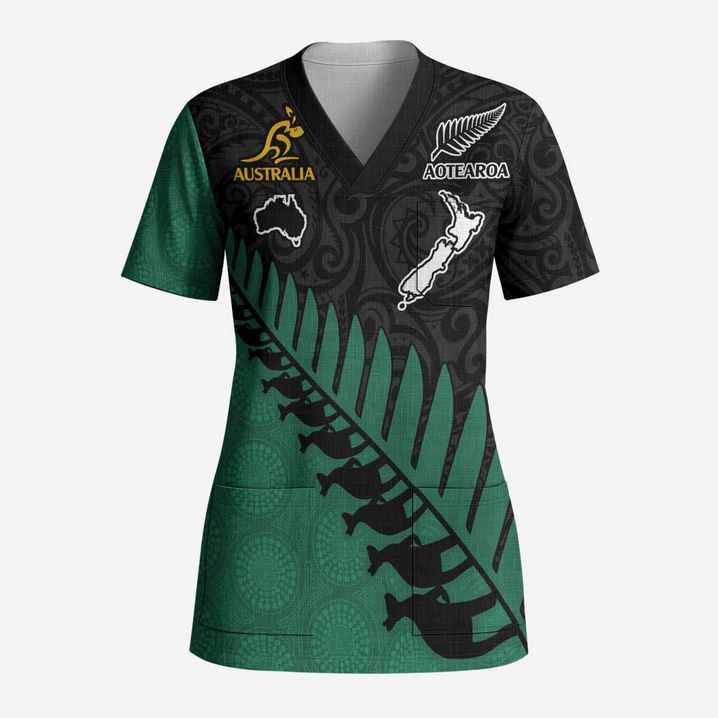 Australia New Zealand Rugby Scrub Top Green Aboriginal Wallabies and Maori Black Fern - Aussie Hoodie