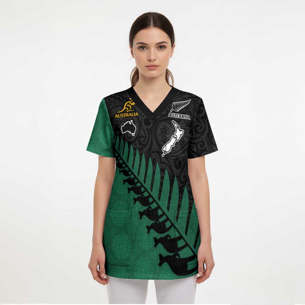 Australia New Zealand Rugby Scrub Top Green Aboriginal Wallabies and Maori Black Fern - Aussie Hoodie