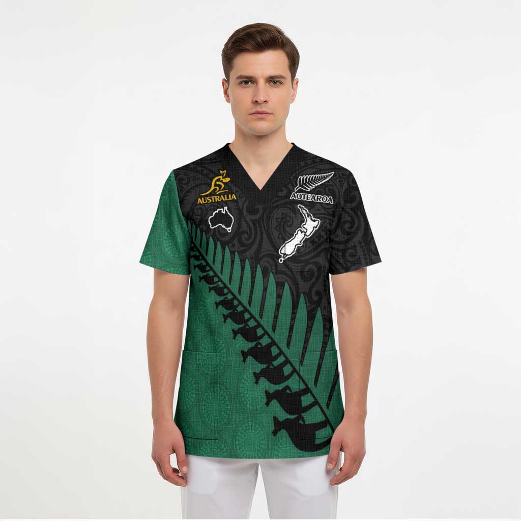 Australia New Zealand Rugby Scrub Top Green Aboriginal Wallabies and Maori Black Fern - Aussie Hoodie