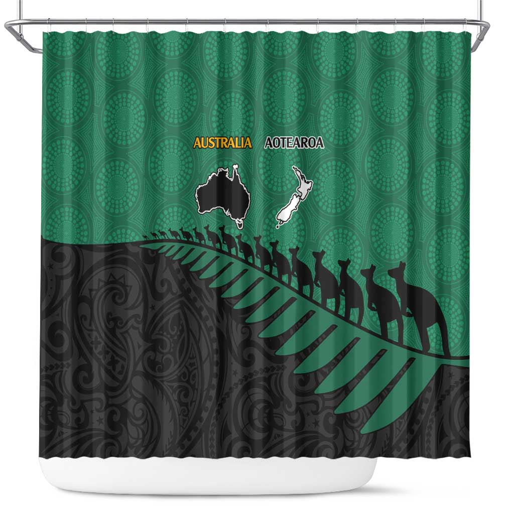 Australia New Zealand Rugby Shower Curtain Green Aboriginal Wallabies and Maori Black Fern - Aussie Hoodie