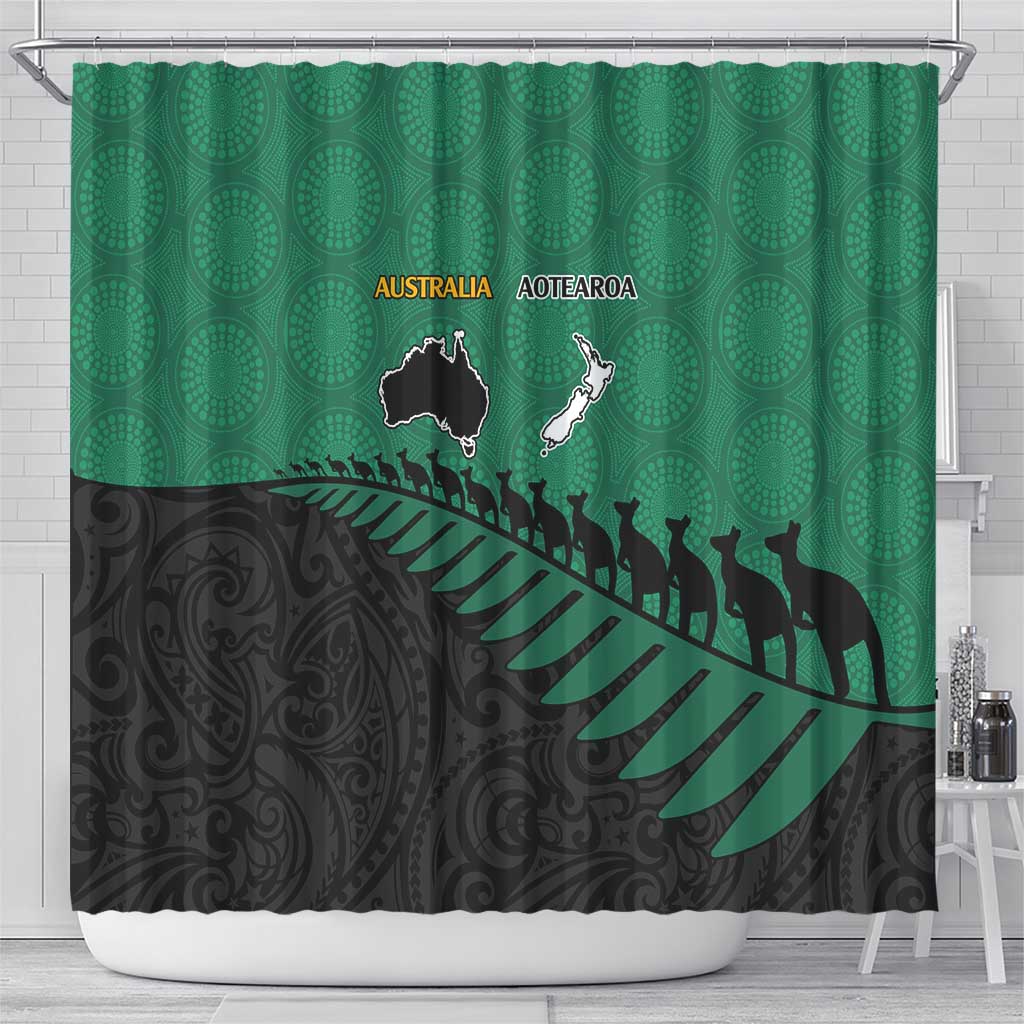 Australia New Zealand Rugby Shower Curtain Green Aboriginal Wallabies and Maori Black Fern - Aussie Hoodie